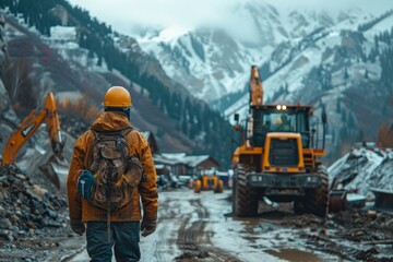 Worker observes construction site with heavy machinery while mountains loom in the background during overcast weather