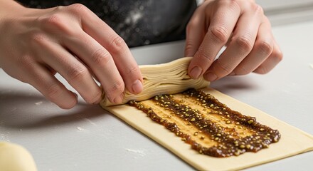 Close-up of hands expertly rolling pastry dough with a filling on a light-colored surface, demonstrating baking technique. The dough is layered