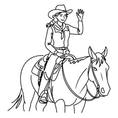 Friendly Cowgirl on Horse Waving Hello, Depicted in Simple Black and White Line Art Style Illustration