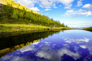 Landscape at Goldeck. Nature on the mountain of the Latschurgruppe in the Gailtal Alps in Carinthia, southwest of Spittal an der Drau. Idyllic mountain lake.
