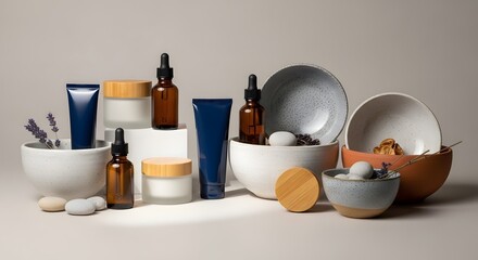 Aesthetic arrangement of skincare and cosmetic containers with natural elements on a neutral background for beauty and wellness themes