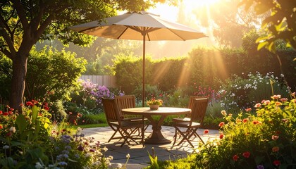 Serene garden scene with sunlit patio, flowers, and outdoor furniture creating a tranquil setting