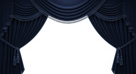 Elegant dark blue theater curtains opening to reveal a black void isolated on transparent background