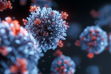 3D microscopic view of viruses being neutralized by antibodies, glowing blue and red particles