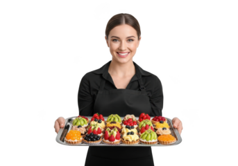 Smiling woman in black apron presents a tray of delicious assorted fruit pastries and desserts isolated on transparent background