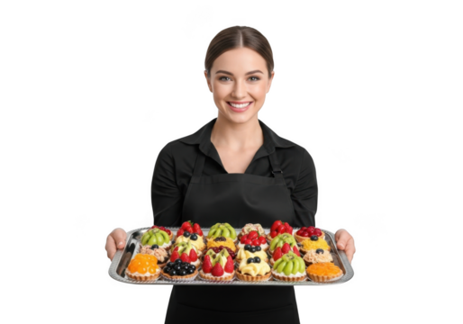 Smiling woman in black apron presents a tray of delicious assorted fruit pastries and desserts isolated on transparent background