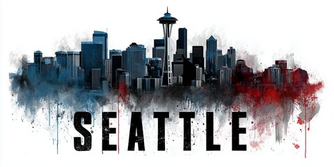 Seattle iconic skyline, is artistically rendered with bold text. The design captures urban energy, Pacific Northwest pride, and city identity.