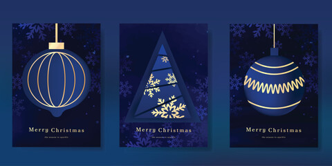 Christmas Luxury gold  invitation card design vector. Christmas pine leaves, snowflake with gold foil and spot texture on navy blue background. Design illustration for cover, print, poster, ads.