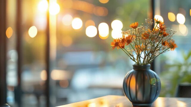 The warm hues of sunset illuminate a table setting with an orange flower arrangement in a dark vase.