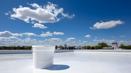 White bucket on cool roof with blue sky