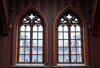 Fototapeta premium Pair of symmetrical, arched fachwerk windows with intricate timber framing, German, pair