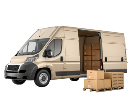 Delivery Service Box Van Truck with Open Door and Cardboard Parcels