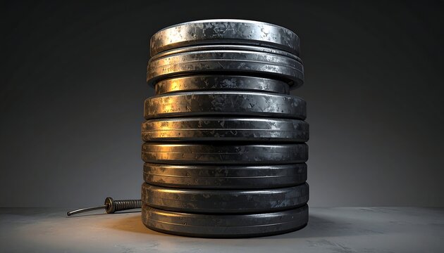 Stacked metal weight plates, showing texture and some wear, with a barbell end visible on the left, gray background