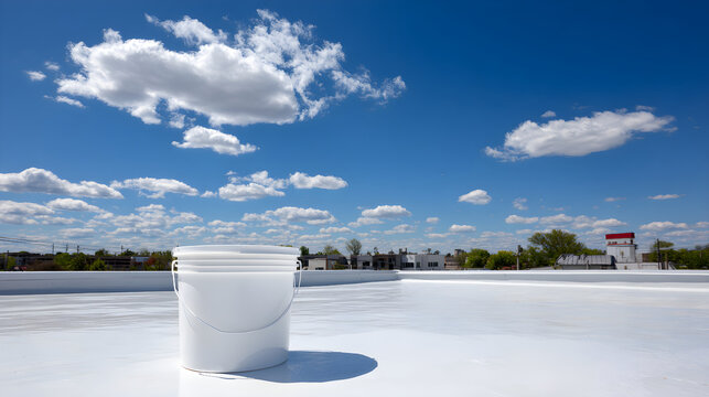 White bucket on cool roof with blue sky - Powered by Adobe