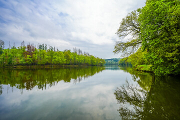 Landscape at the Heilenbecker Reservoir. Nature by the lake near Ennepetal.
