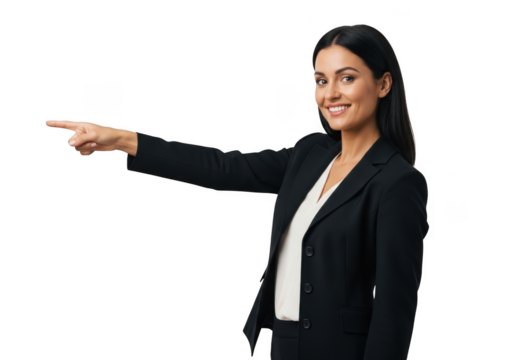 Smiling professional woman in a dark suit pointing to the left with her index finger isolated on transparent background