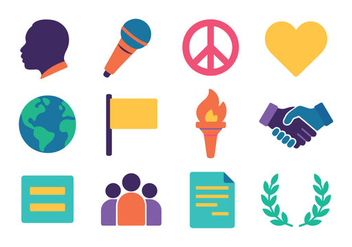 Colorful symbolic icons featuring peace, unity, and communication elements
