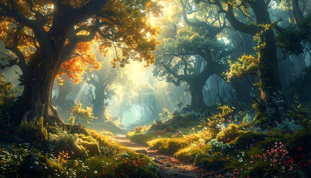 A sun-dappled forest path winds through a vibrant autumn scene, filled with lush greenery and towering trees