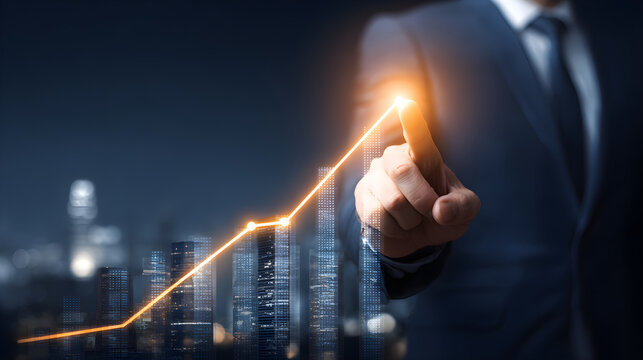 Businessman touching glowing chart representing business growth and success - Powered by Adobe
