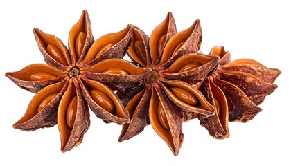 Three star anise spices, brown and tan, with seeds inside, against a white background