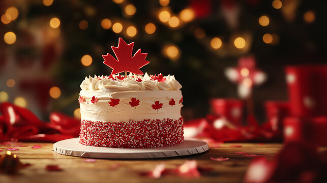 Canada Day cake with maple leaf decorations on festive table - Powered by Adobe