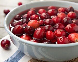 Fresh cranberries soaking in a bowl of water.