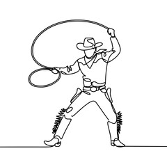Minimalist continuous line art illustration of a cowboy skillfully twirling a lasso, embodying the spirit of rodeo and traditional western culture