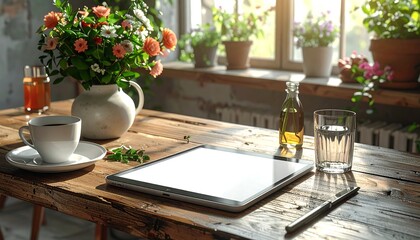 A sunlit, rustic wooden table scene with a floral arrangement, coffee, and tablet. Sunlight streams through a window lined with plants