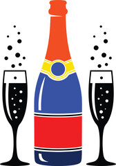 Dynamic illustration of a black wine bottle in a dramatic battle scene with vibrant color accents