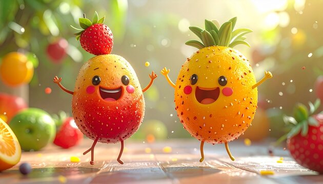 Cheerful Fruit Friends Dancing in Sunshine.