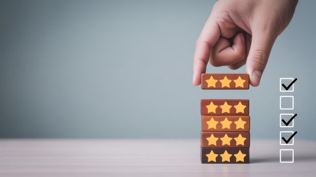 Elevating Service: A hand meticulously places a block to complete the stars representing exceptional customer service, surrounded by checklist icons symbolizing satisfaction and quality.