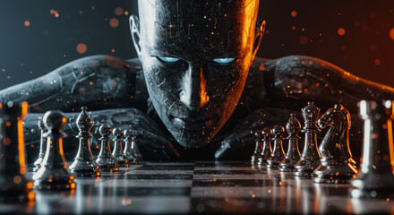 An AI robot engaged in a chess game, its eyes glowing with strategic brilliance, creating an evocative image of the mind's contest against artificial intelligence.
