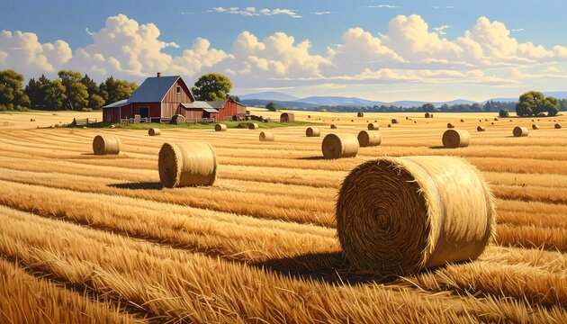 A sunlit scene of a harvested field filled with golden hay bales, with a red barn in the background under a blue sky - Powered by Adobe