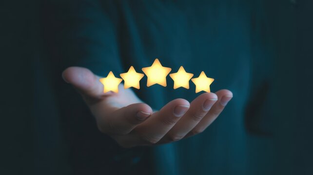 Hand's Five Star: An image shows a hand gracefully cupping five golden stars, symbolizing excellence, satisfaction, and top-tier service. It evokes feelings of trust and positive feedback. 