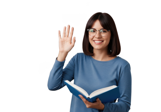 Smiling young woman wearing glasses holding an open book and waving hello isolated on transparent background
