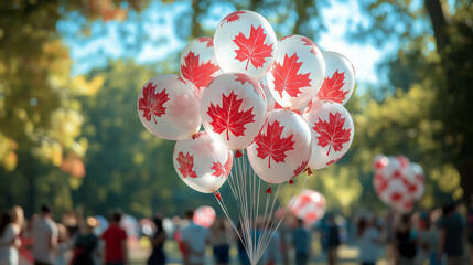 White balloons with red maple leaves at Canada Day celebration
