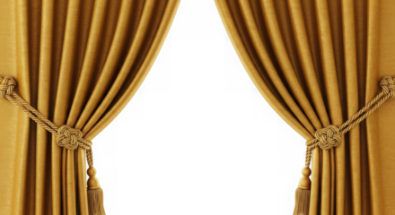 Elegant golden drapes pulled back with decorative tie backs isolated on transparent background