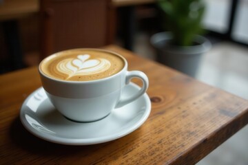 Obraz premium Perfectly frothed latte sits on rustic wooden cafe table , food photography, table