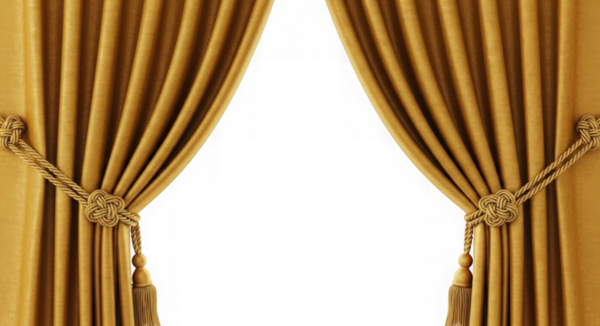 Elegant golden drapes pulled back with decorative tie backs isolated on transparent background