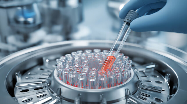 Laboratory worker placing test tubes with viral samples into centrifuge, sterile white environment - Powered by Adobe