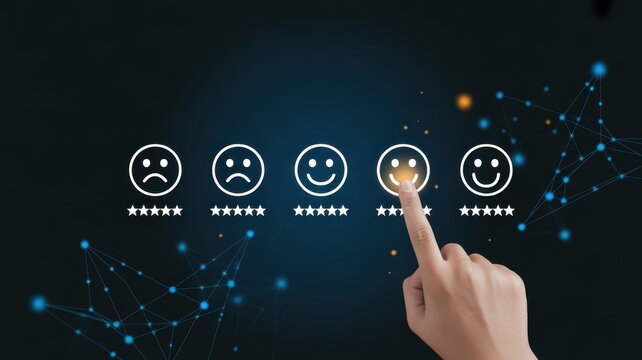 Customer Satisfaction Ratings: A hand clicks on a smiley face, representing a high level of satisfaction, within a series of emoticons depicting a spectrum of customer feedback.