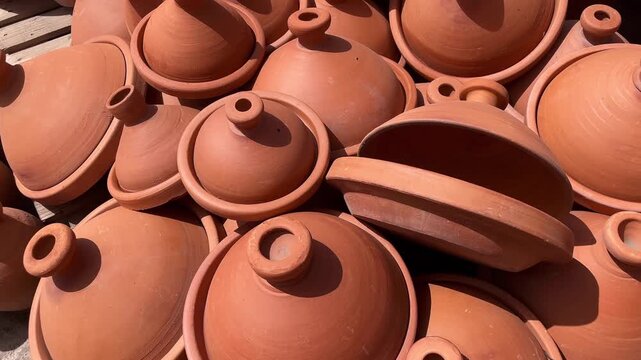 Handmade unglazed terracotta tagines or tajines drying under the sun outdoors at a pottery workshop in Marrakech, Morocco, representing the local craft and gastronomy of North Africa