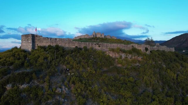 Stone walls surrounding the Castle of Lezha on the strategic hill, a fortification construction from ancient times
