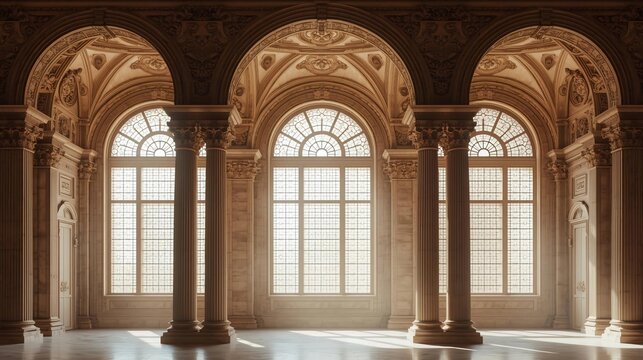 A grand, classical hall featuring three large arched windows with gridded panes, framed by massive fluted columns, and ornate, vaulted ceilings bathed in warm, sunlit sepia tones.