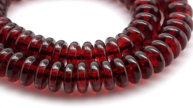 A close-up of a string of translucent, deep red, flat-ringed beads on a white background, showcasing their glossy texture and color.