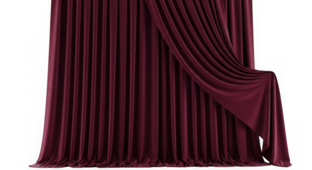 Deep red velvet stage curtain pulled to the side isolated on transparent background
