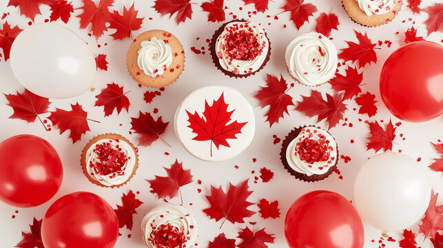 Canada Day party cupcakes with red maple leaves and balloons - Powered by Adobe