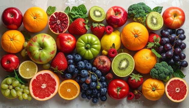Vibrant assortment of fresh fruits and vegetables, a healthy and colorful bounty.