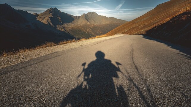 Motorcycle shadow on mountain road at sunrise