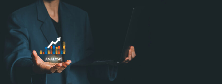 Businessman hand presenting digital analytics graph with upward arrow, representing data analysis, business growth, and performance metrics in modern digital marketing.